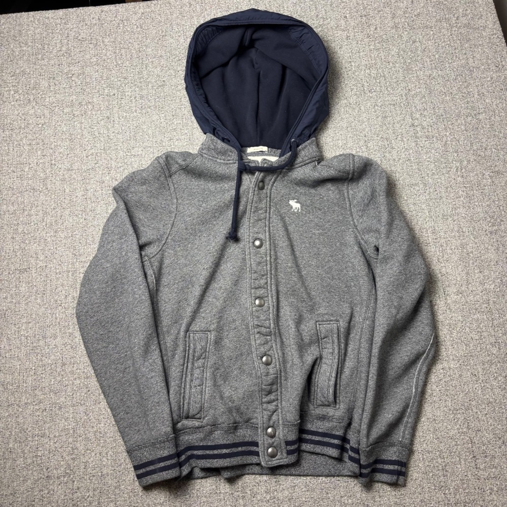 Abercrombie & Fitch Hoodie Men M Gray Muscle Fit Snap Front Varsity Fleece
